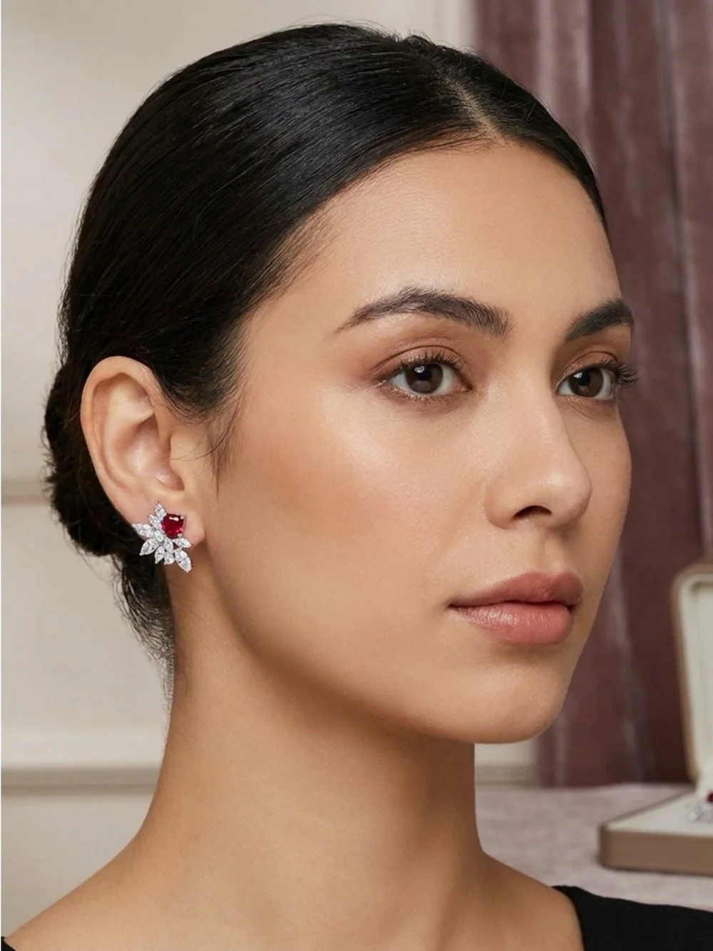 Anthropologie Ruby Red Floral Cluster Stud Earrings